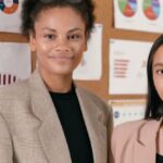 Analysts - Two Women in Corporate Attire in Front of Bulletin Board of Charts